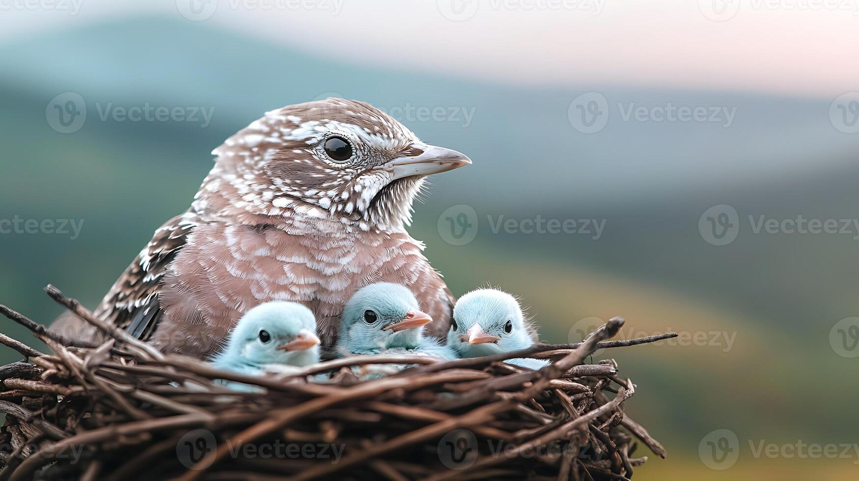 A mother bird caring for three blue chicks in a nest against a serene mountainous backdrop photo