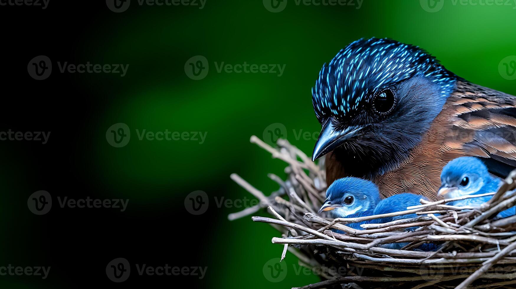 A mother bird caring for her three hatchlings in a cozy nest surrounded by lush greenery photo