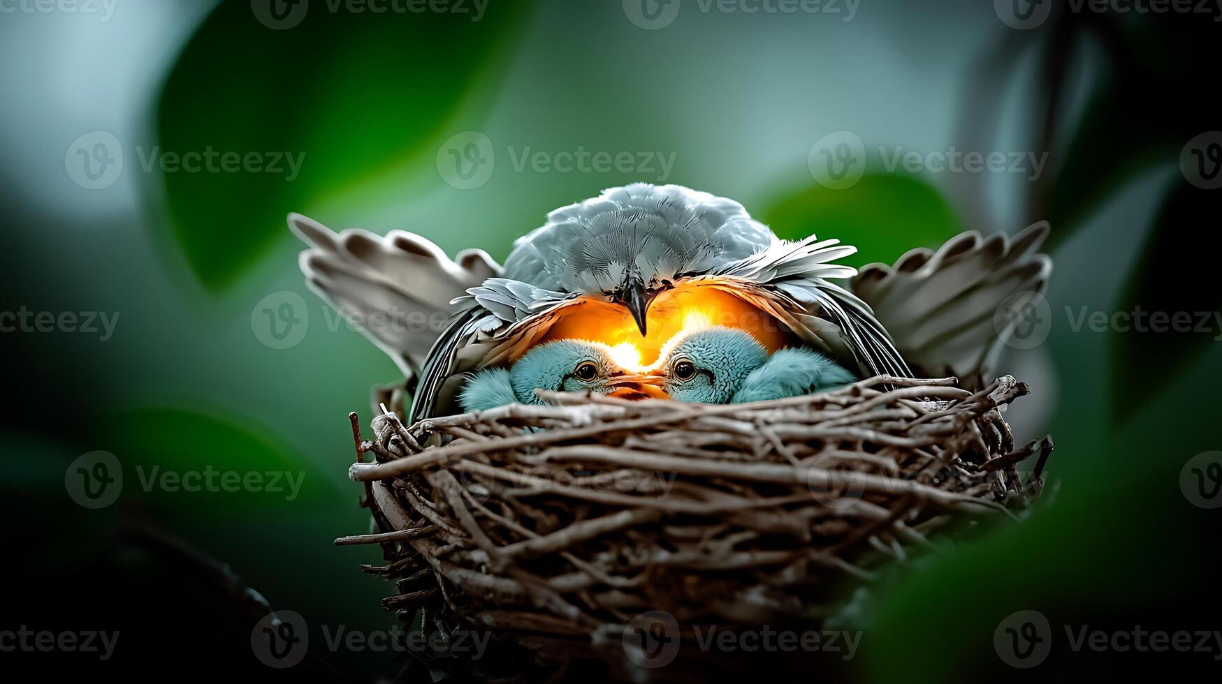 A mother bird feeding her chicks in a cozy nest surrounded by lush green foliage photo