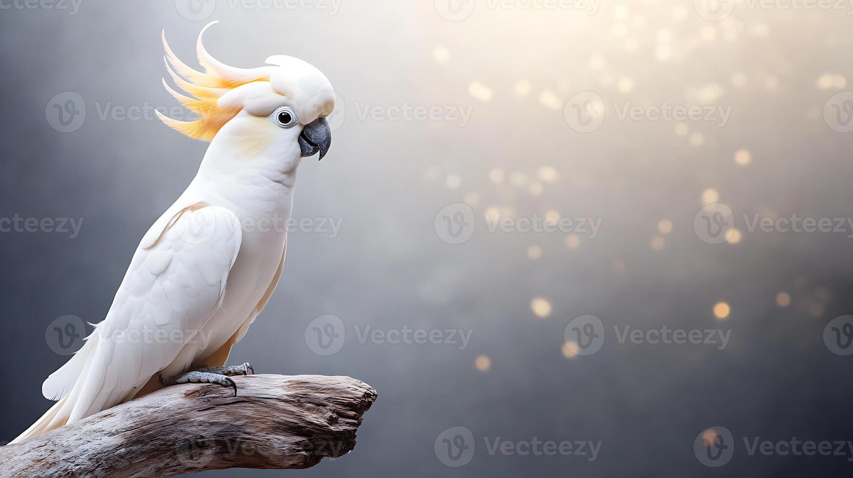 A majestic white cockatoo perched on a branch against a softly illuminated background with bokeh photo