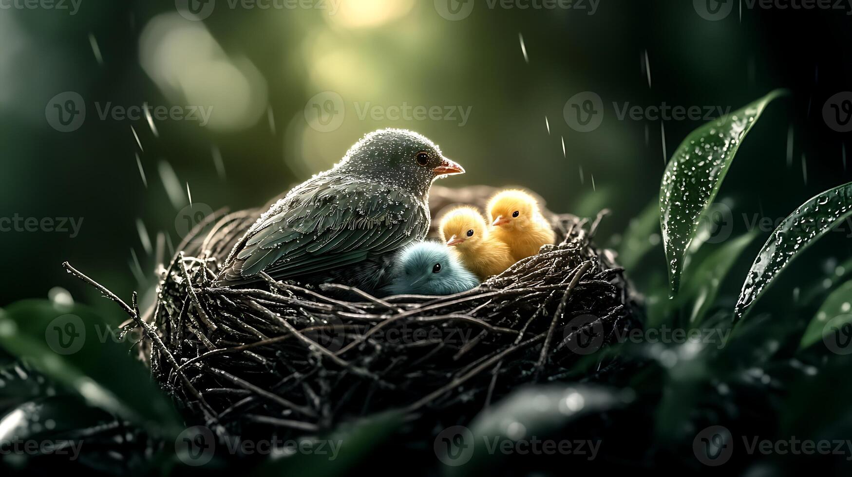 A mother bird caring for her vibrant chicks in a lush, rain-soaked nest surrounded by greenery photo