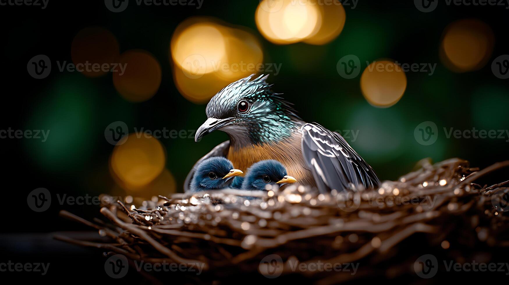 A mother bird caring for her chicks in a cozy nest surrounded by soft, glowing lights photo