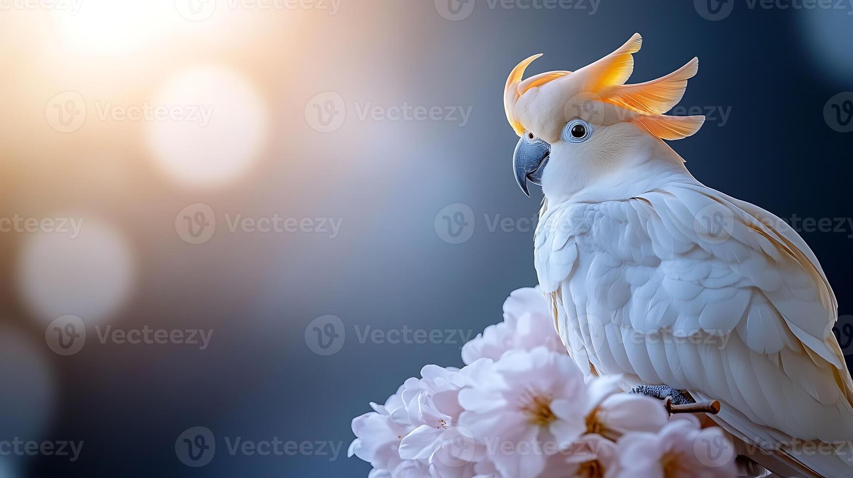 A vibrant cockatoo perched on cherry blossoms, basking in soft sunlight with a dreamy background photo