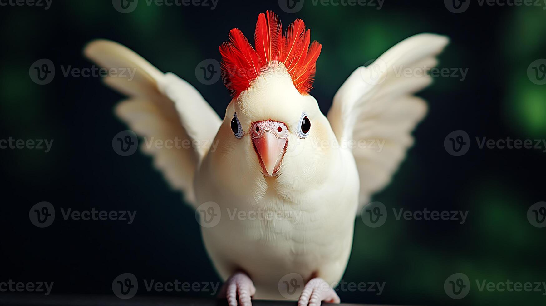 A vibrant cockatoo with a striking red crest spreads its wings against a blurred green backdrop photo