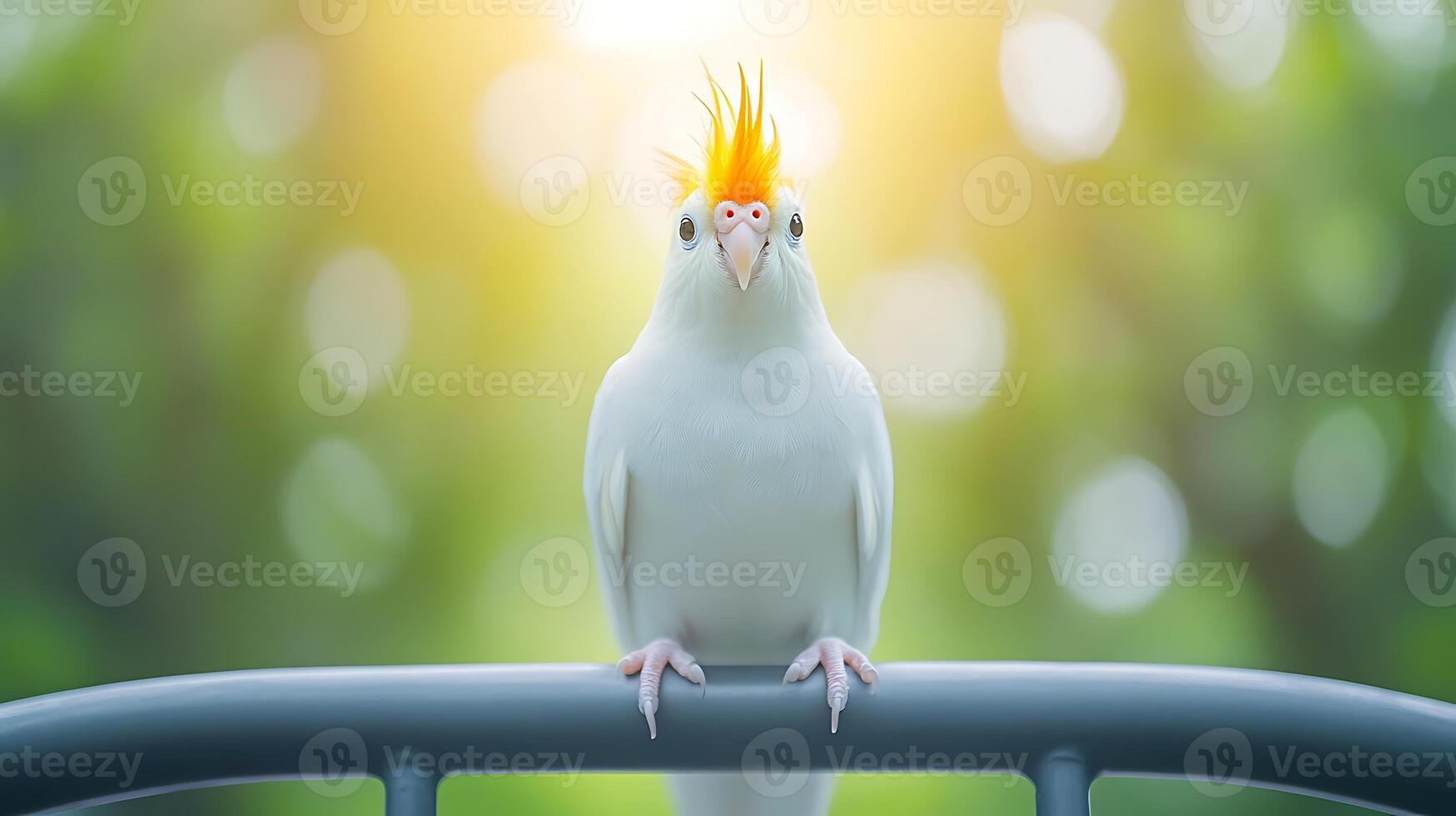 A vibrant cockatoo perched on a railing, surrounded by lush greenery and soft sunlight photo