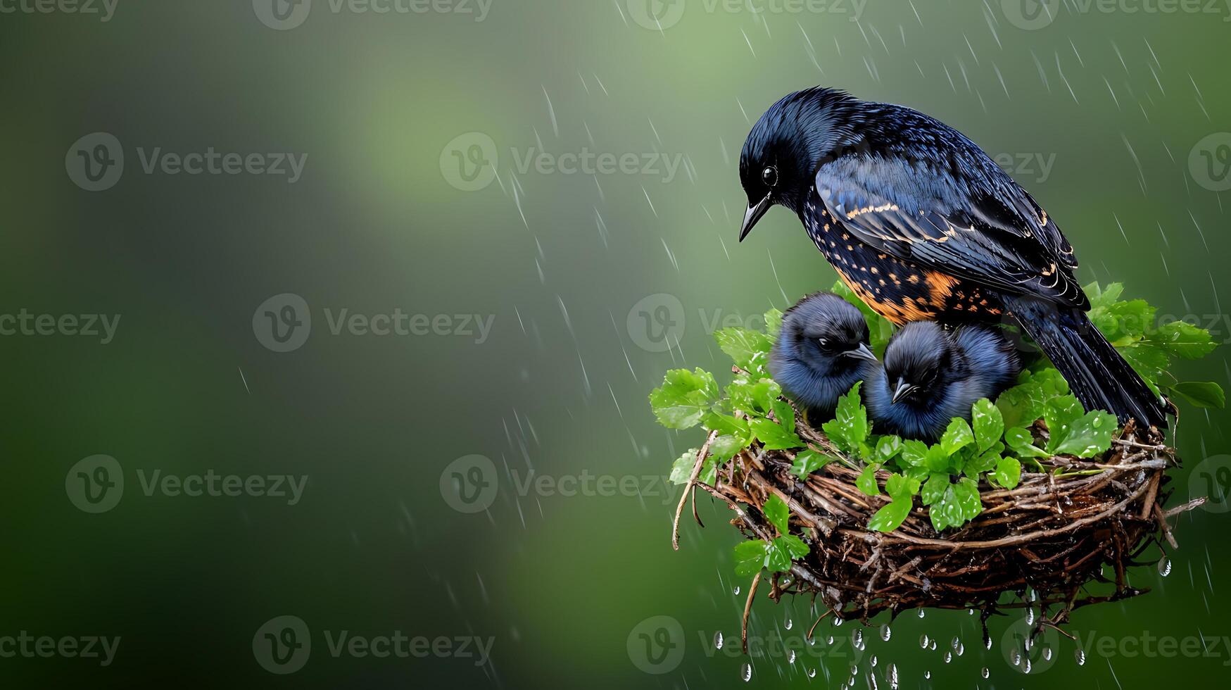 A mother bird feeding her two chicks in a lush green nest during a gentle rain shower photo