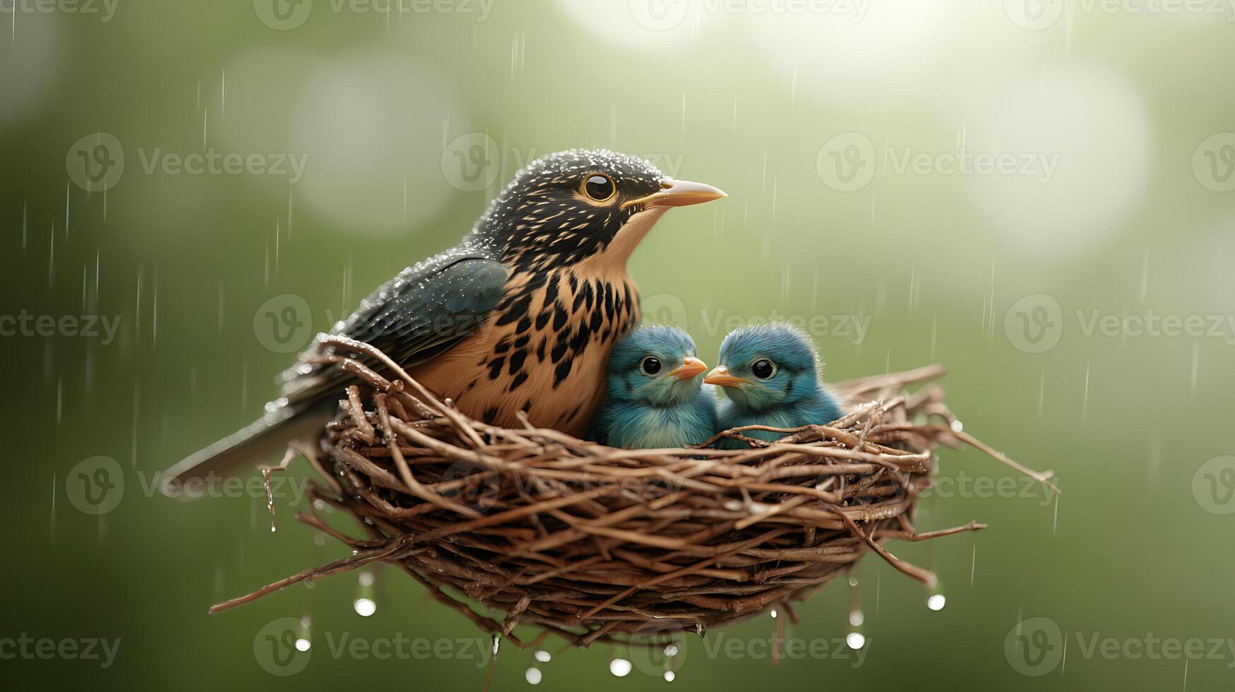 A mother bird sheltering her two blue chicks in a cozy nest during a gentle rain, with a blurred green background photo