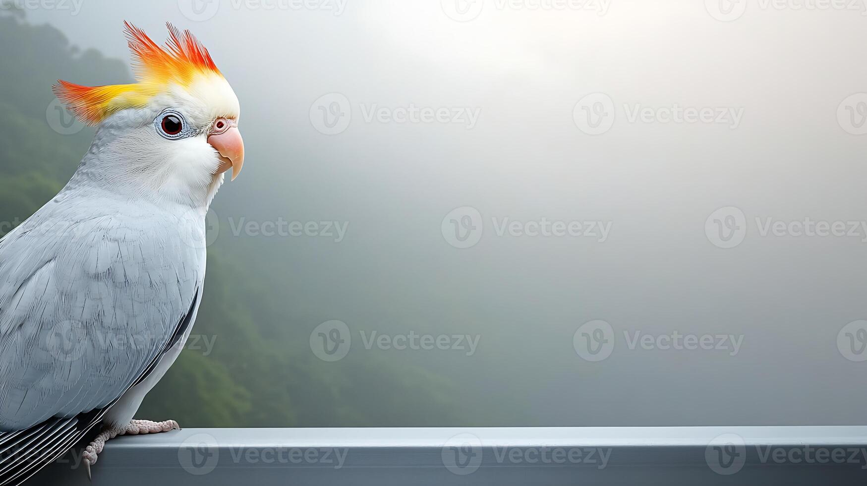 A vibrant cockatoo perched on a railing, surrounded by a misty forest landscape in the background photo