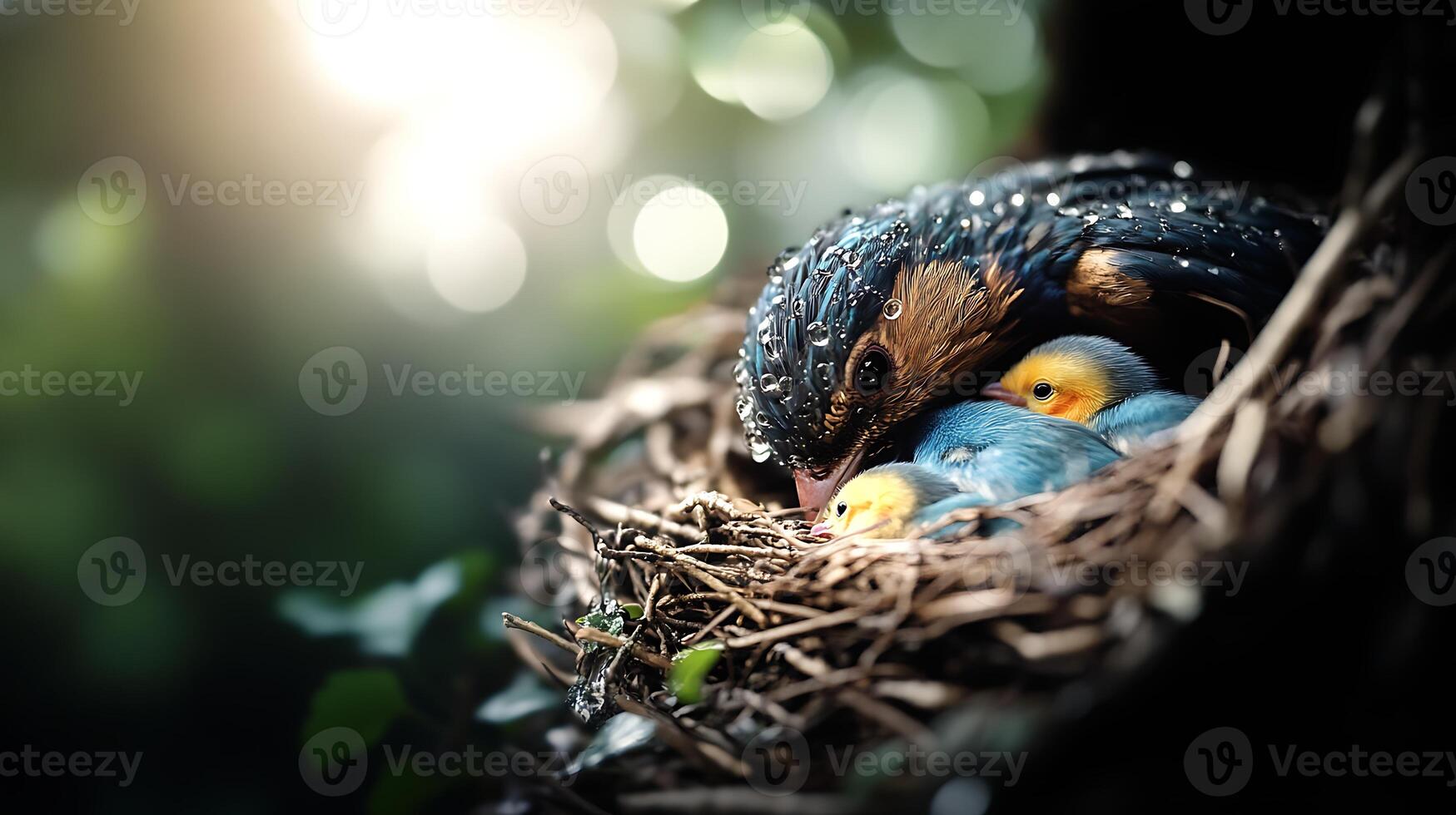 A mother bird nurturing her chicks in a cozy nest surrounded by lush greenery and soft sunlight photo