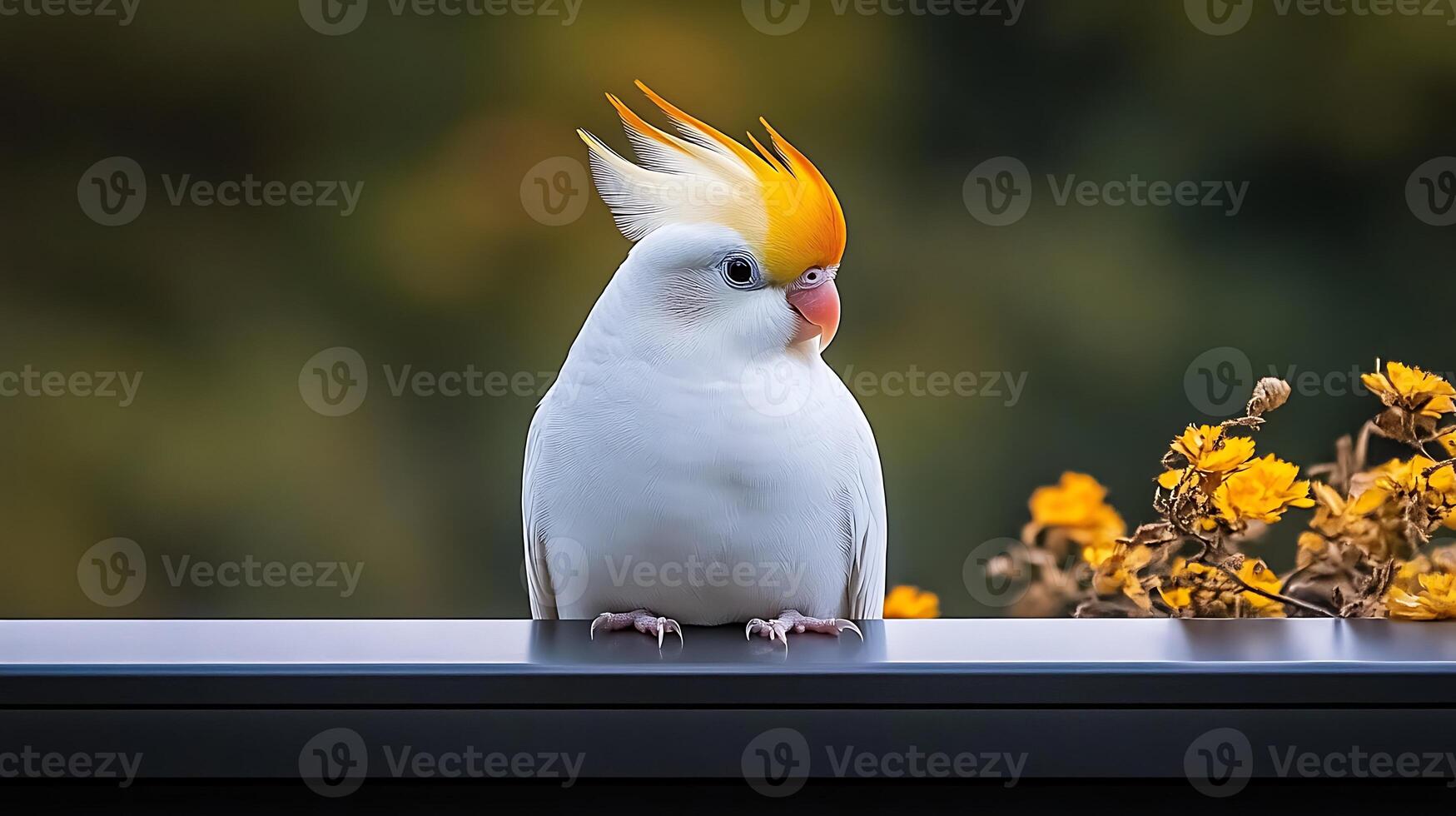 A vibrant cockatoo perched on a railing, surrounded by autumn foliage in a serene setting photo