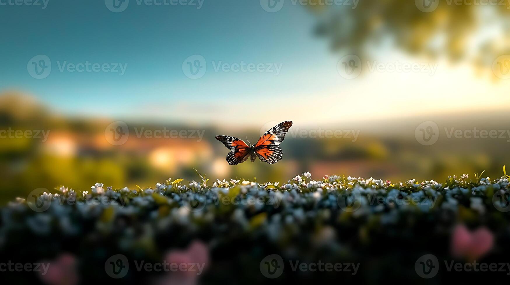A vibrant butterfly hovering over a bed of flowers in a serene garden at sunset photo