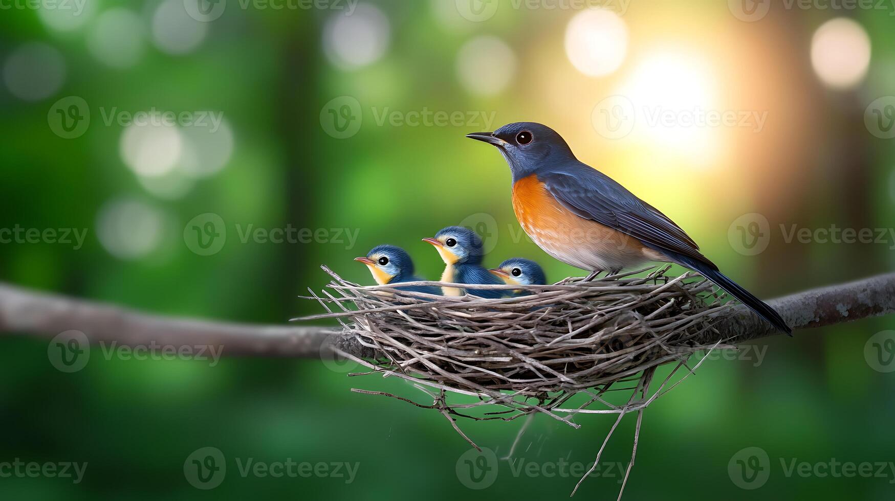 A mother bird feeding her chicks in a lush green forest during a bright sunset photo