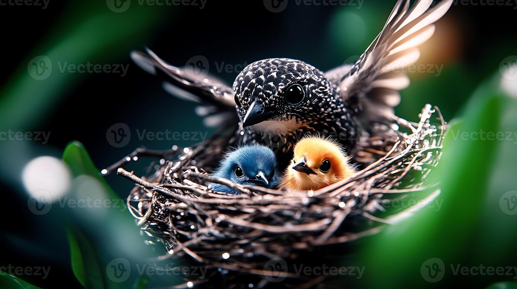 A mother bird feeding her two colorful chicks in a lush, green nest surrounded by foliage photo