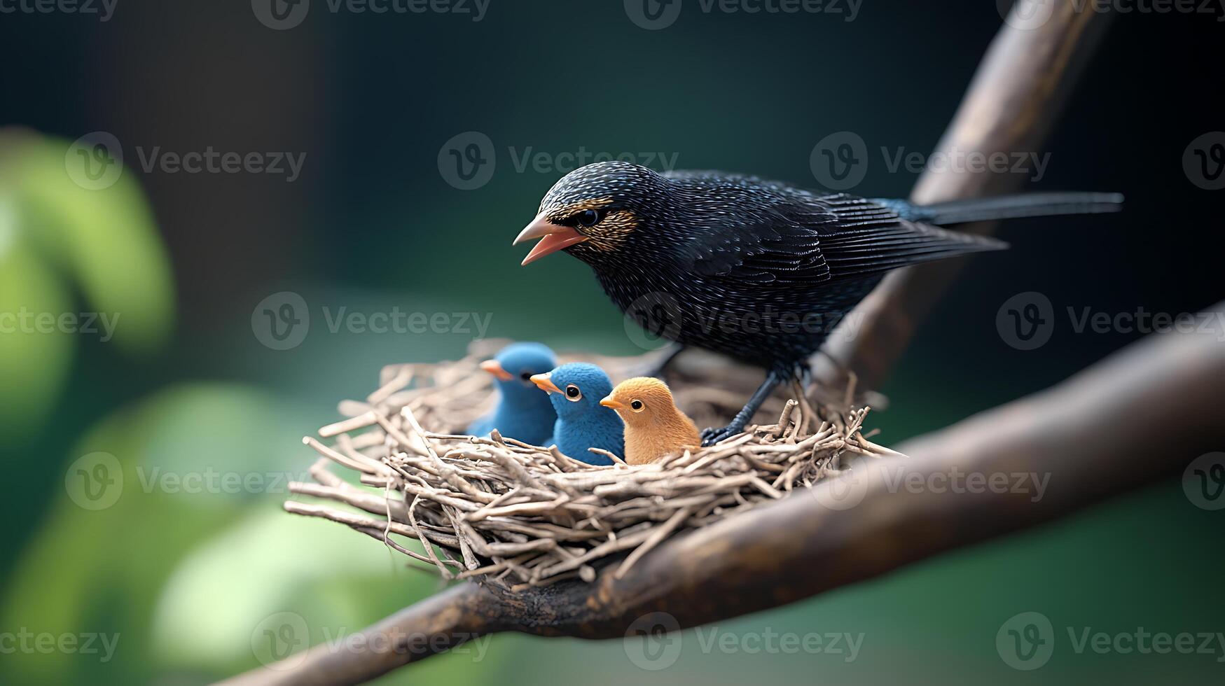 A mother bird feeding her colorful chicks in a natural nest, surrounded by lush greenery photo