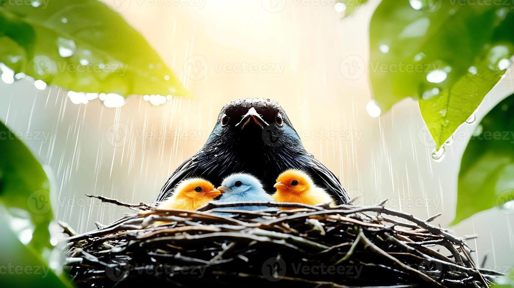 A mother bird sheltering three colorful chicks in a nest during a gentle rain, surrounded by lush greenery photo