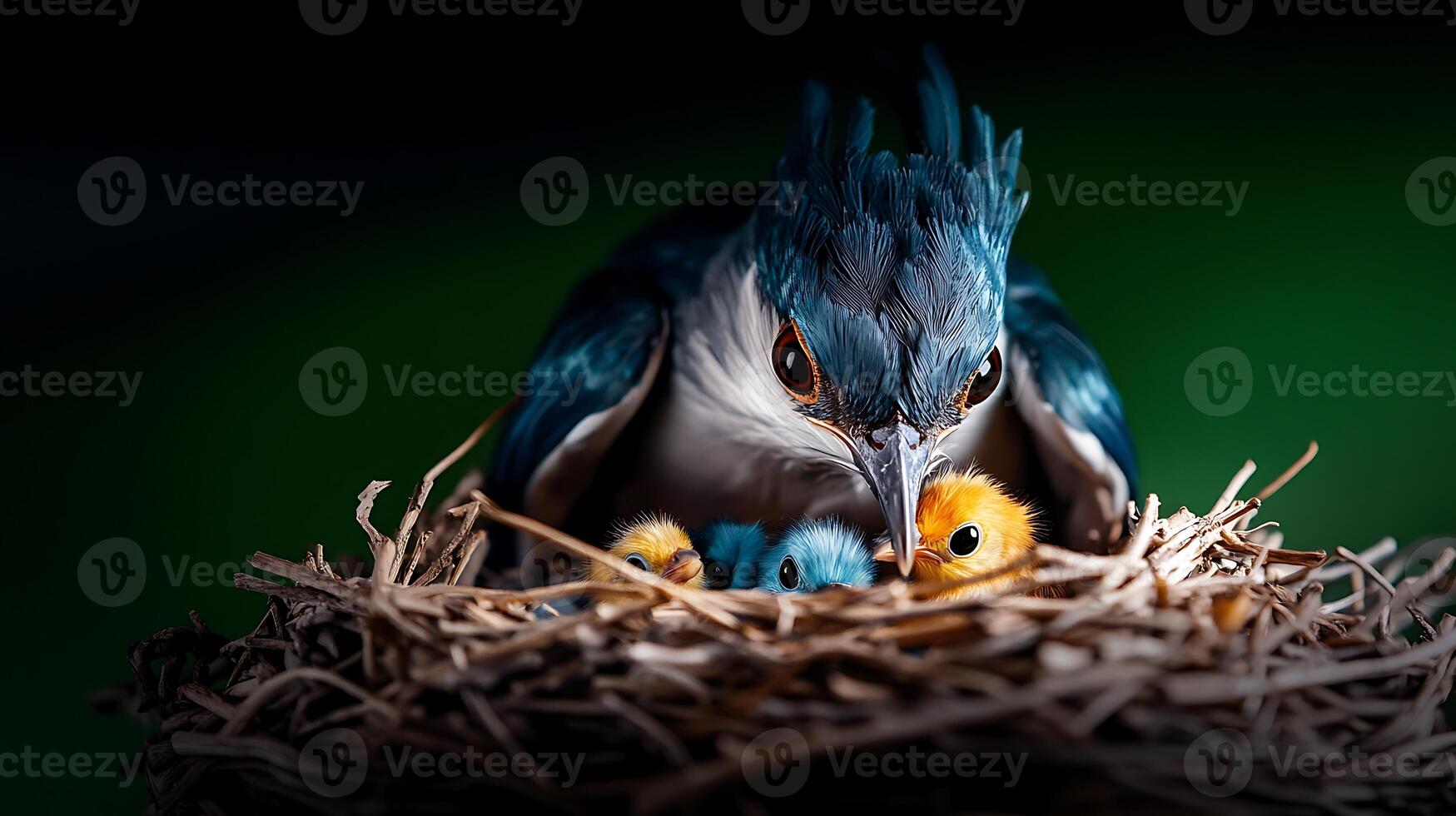 A mother bird feeding her three vibrant chicks in a cozy nest surrounded by lush greenery photo