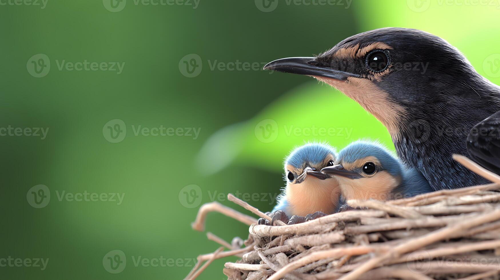 A mother bird feeding her two chicks in a cozy nest surrounded by lush greenery photo