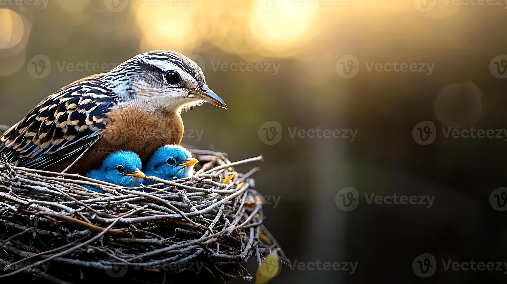A mother bird nurturing her two blue chicks in a cozy nest during a serene sunset photo