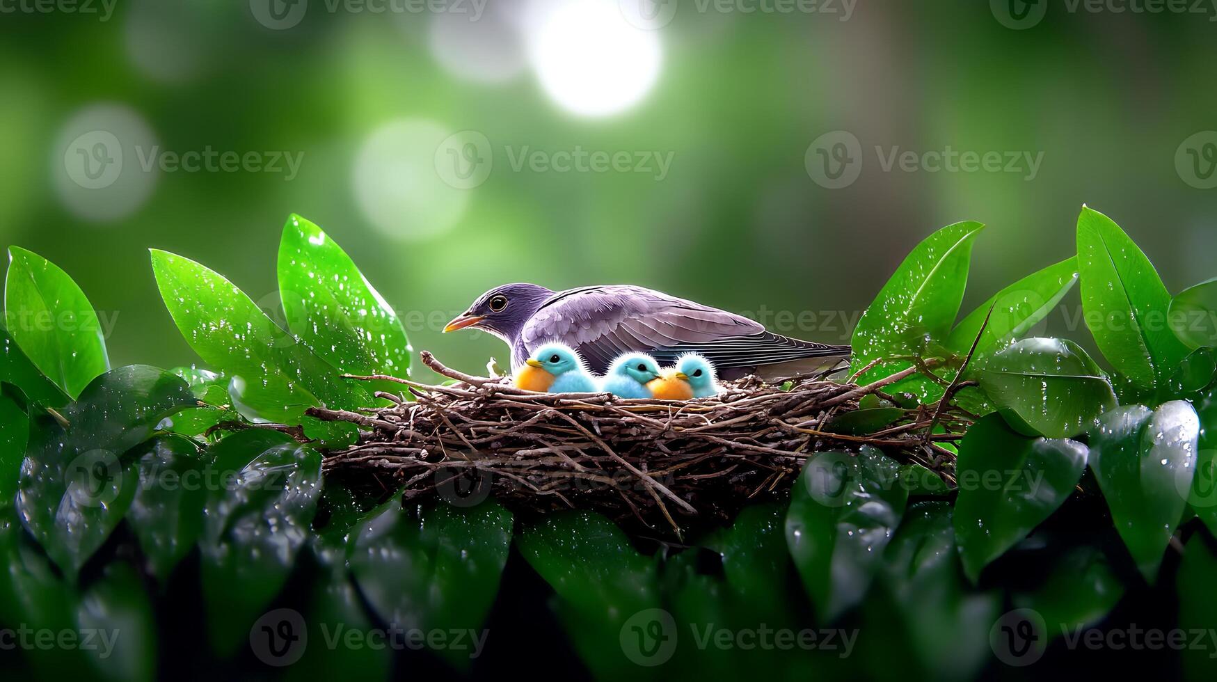 A mother bird feeding her three vibrant chicks in a lush green nest surrounded by leaves photo
