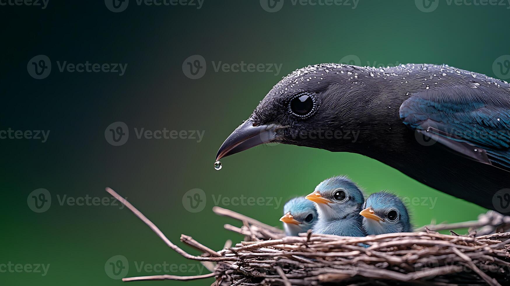 A mother bird feeding her three chicks in a lush green environment with a water droplet photo
