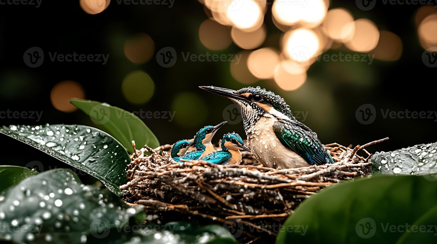 A mother bird feeding her chicks in a lush green nest surrounded by blurred lights photo