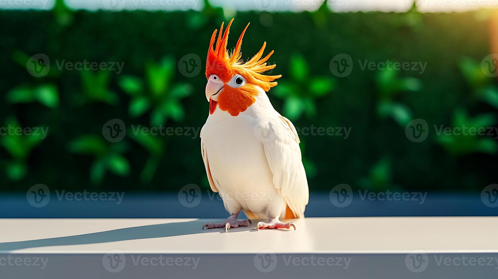 A vibrant cockatoo with a striking orange crest perched on a sleek surface in a lush, green environment photo