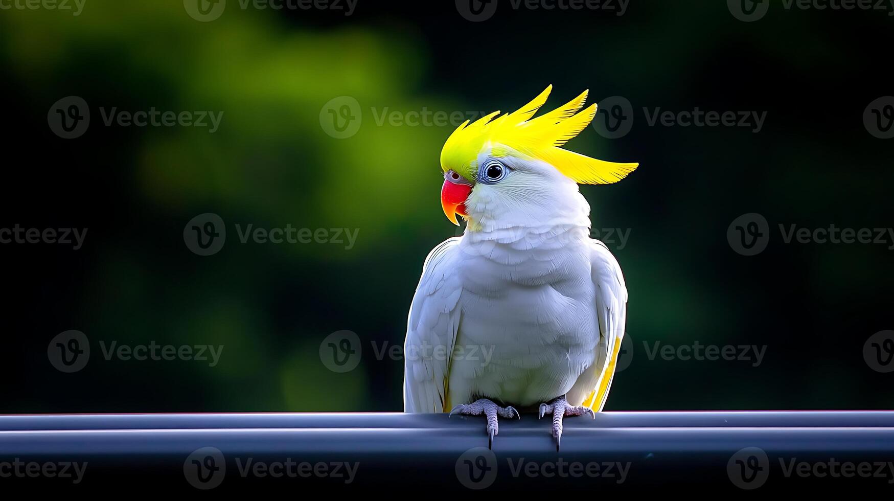 A vibrant cockatoo perched on a railing, surrounded by lush greenery in the background photo