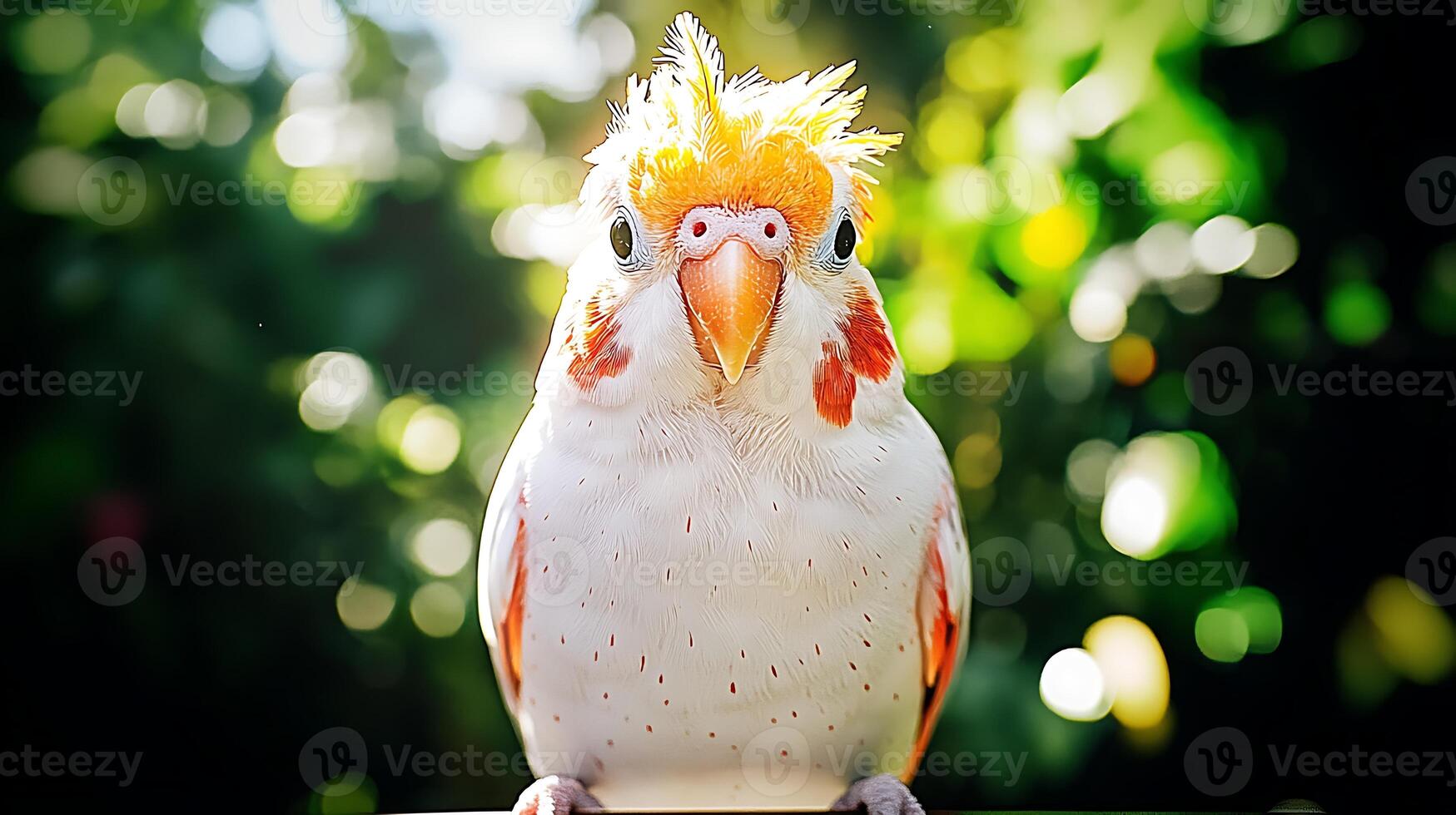 A vibrant cockatoo with a striking crest perched on a branch amidst a lush green background photo