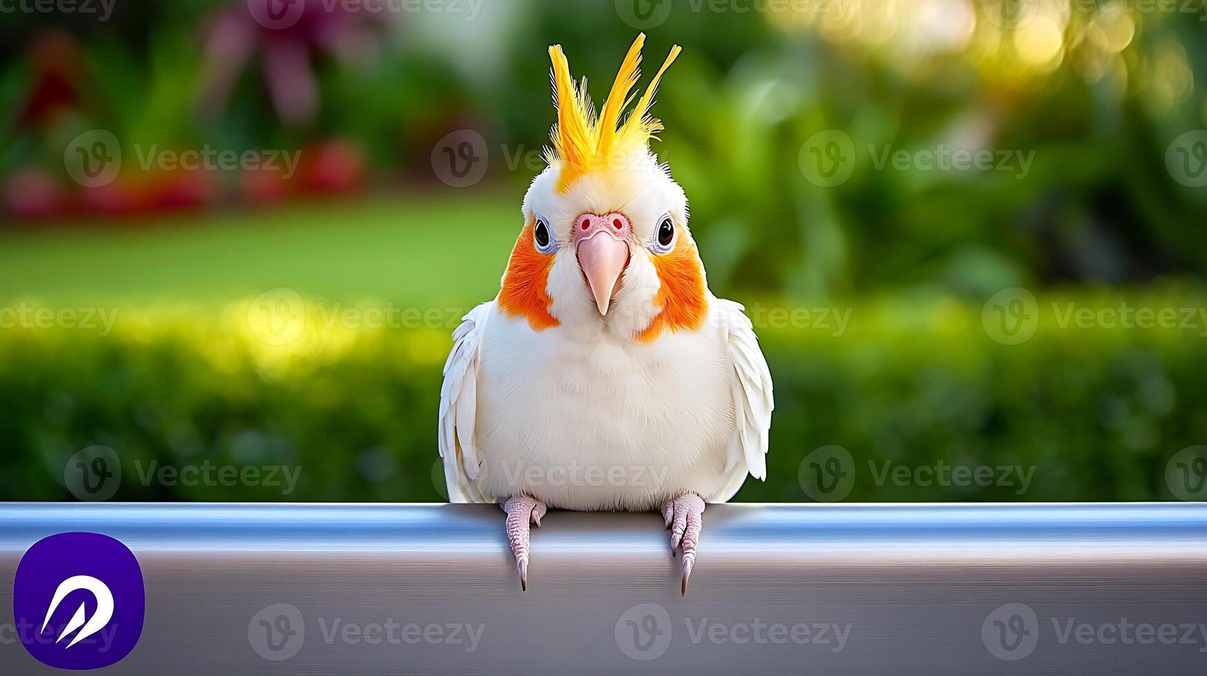 A vibrant cockatoo perched on a railing, surrounded by lush greenery in a sunny garden setting photo