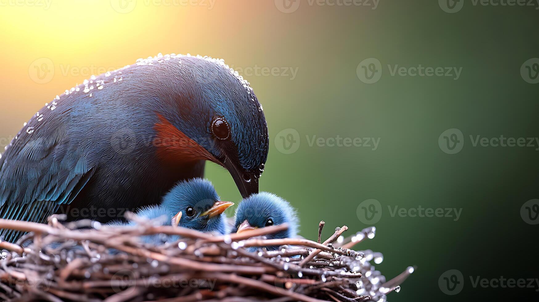 A mother bird feeding her two fluffy chicks in a cozy nest, surrounded by a serene, blurred background photo