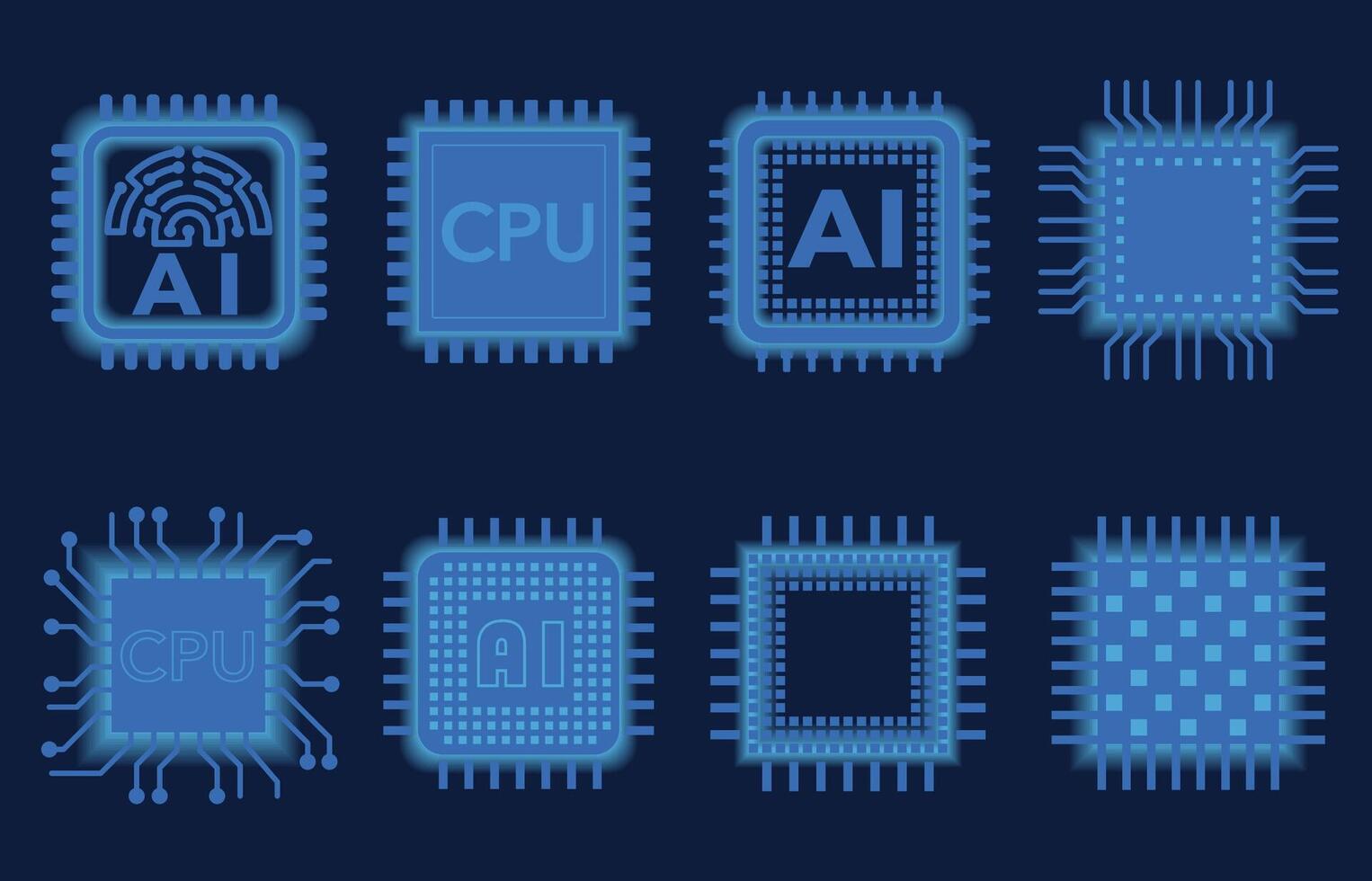 Microprocessor Icon Set Isolated On A Dark Blue Background. vector
