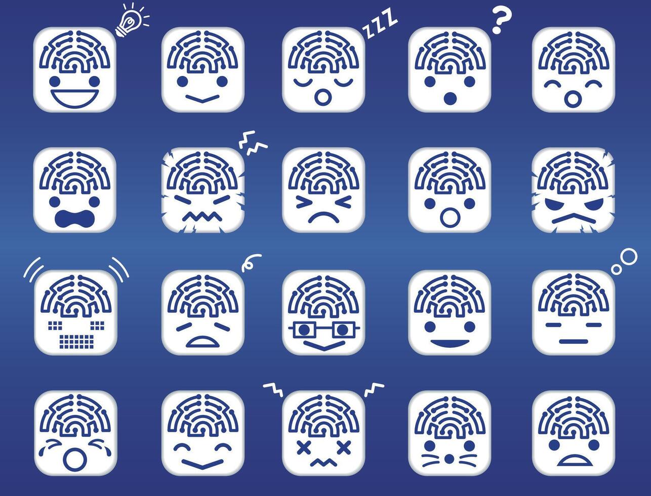 Artificial Intelligence Cute Icon Set Isolated On A Blue Background. vector