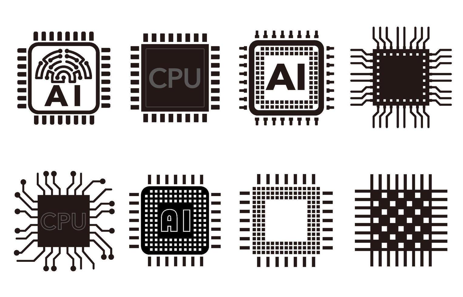 Microprocessor Monochrome Icon Set Isolated On A White Background. vector