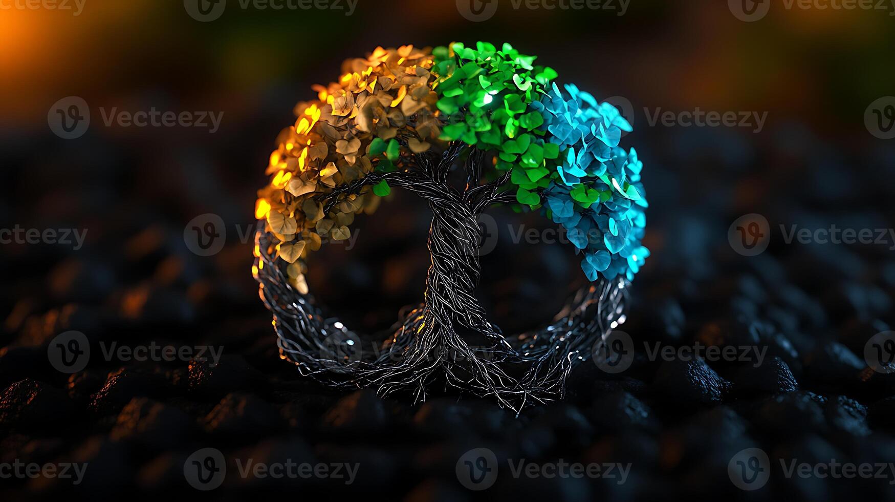 A vibrant artistic representation of a peace symbol tree with colorful leaves against a blurred background photo