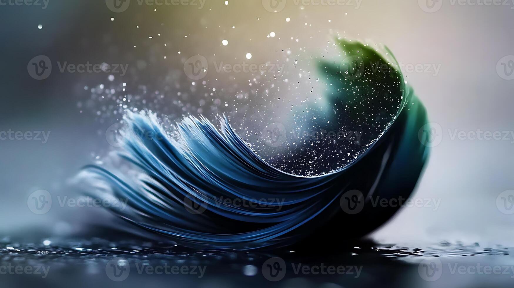 A swirling blue liquid resembling hair splashing in a serene, blurred background photo