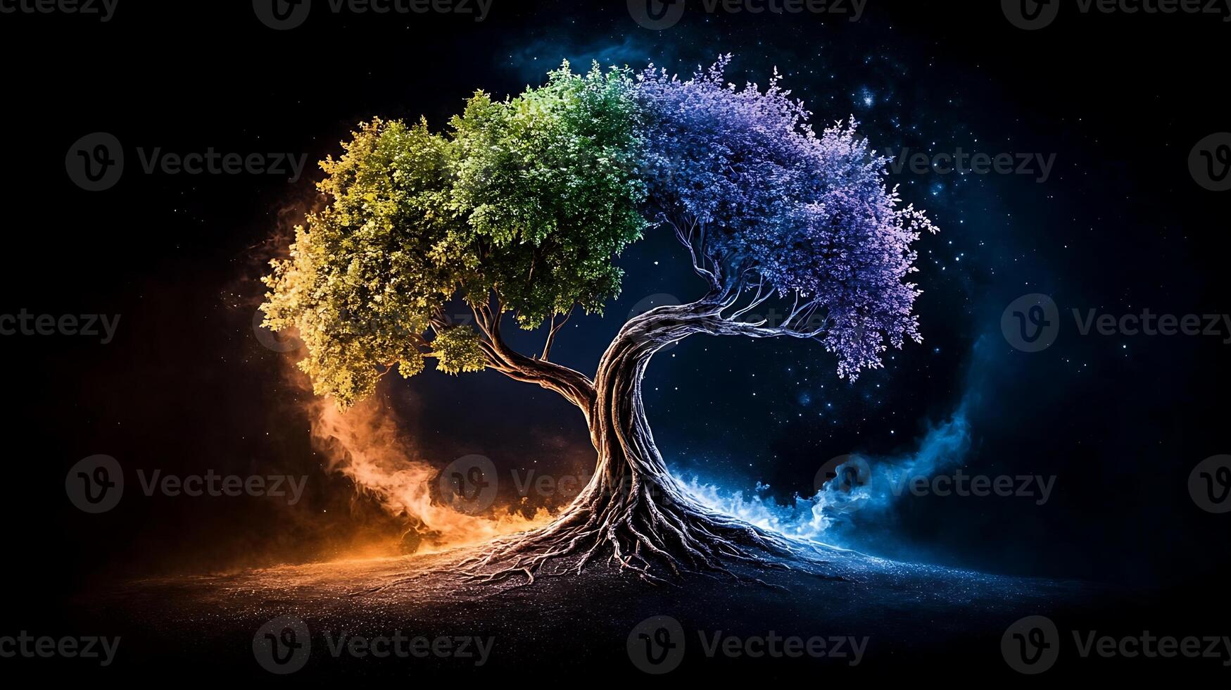 A vibrant, artistic tree symbolizing the four seasons, set against a cosmic background with swirling colors photo