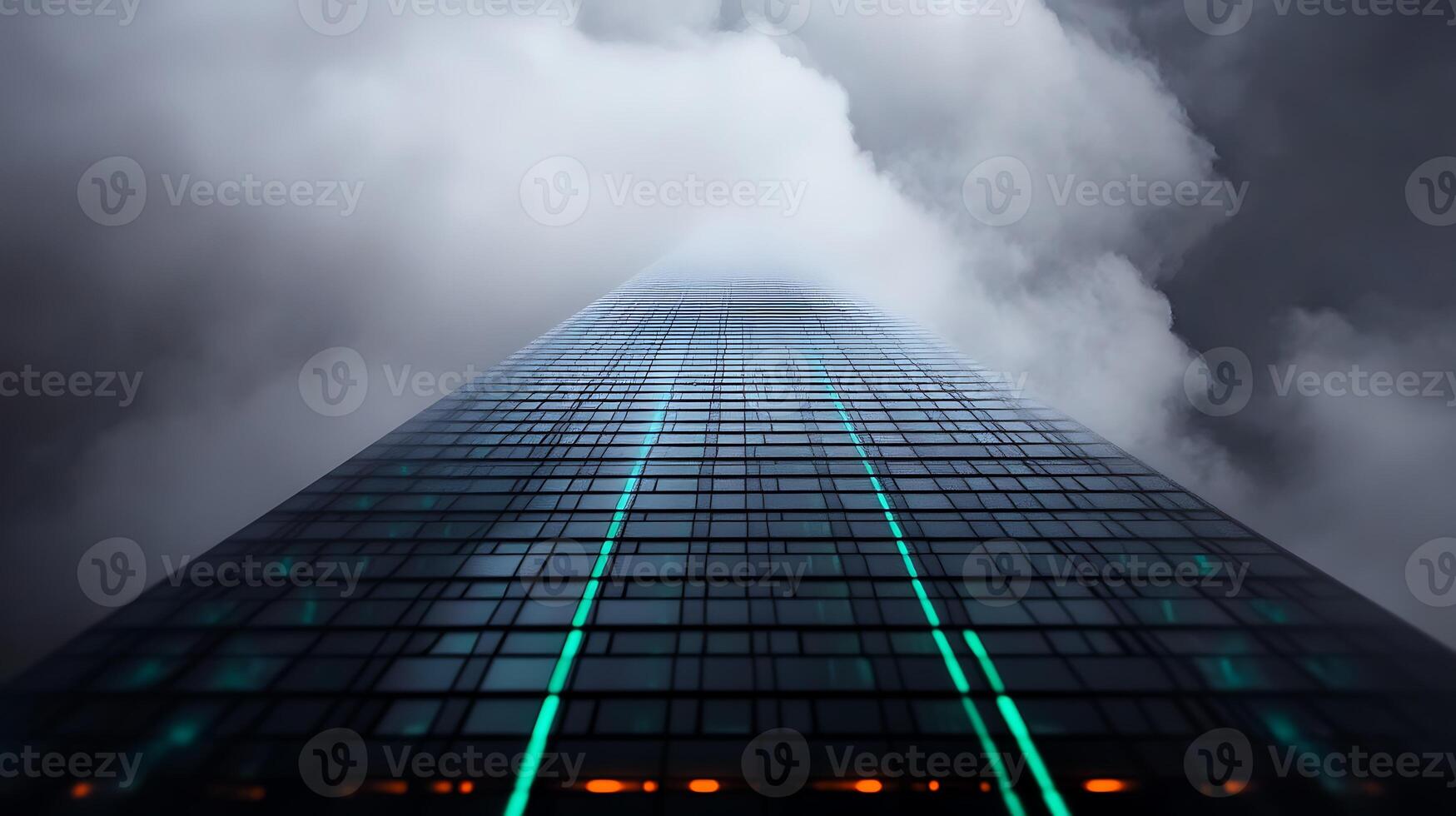 A towering skyscraper piercing through dark, stormy clouds, illuminated by neon lights, showcasing urban architecture photo