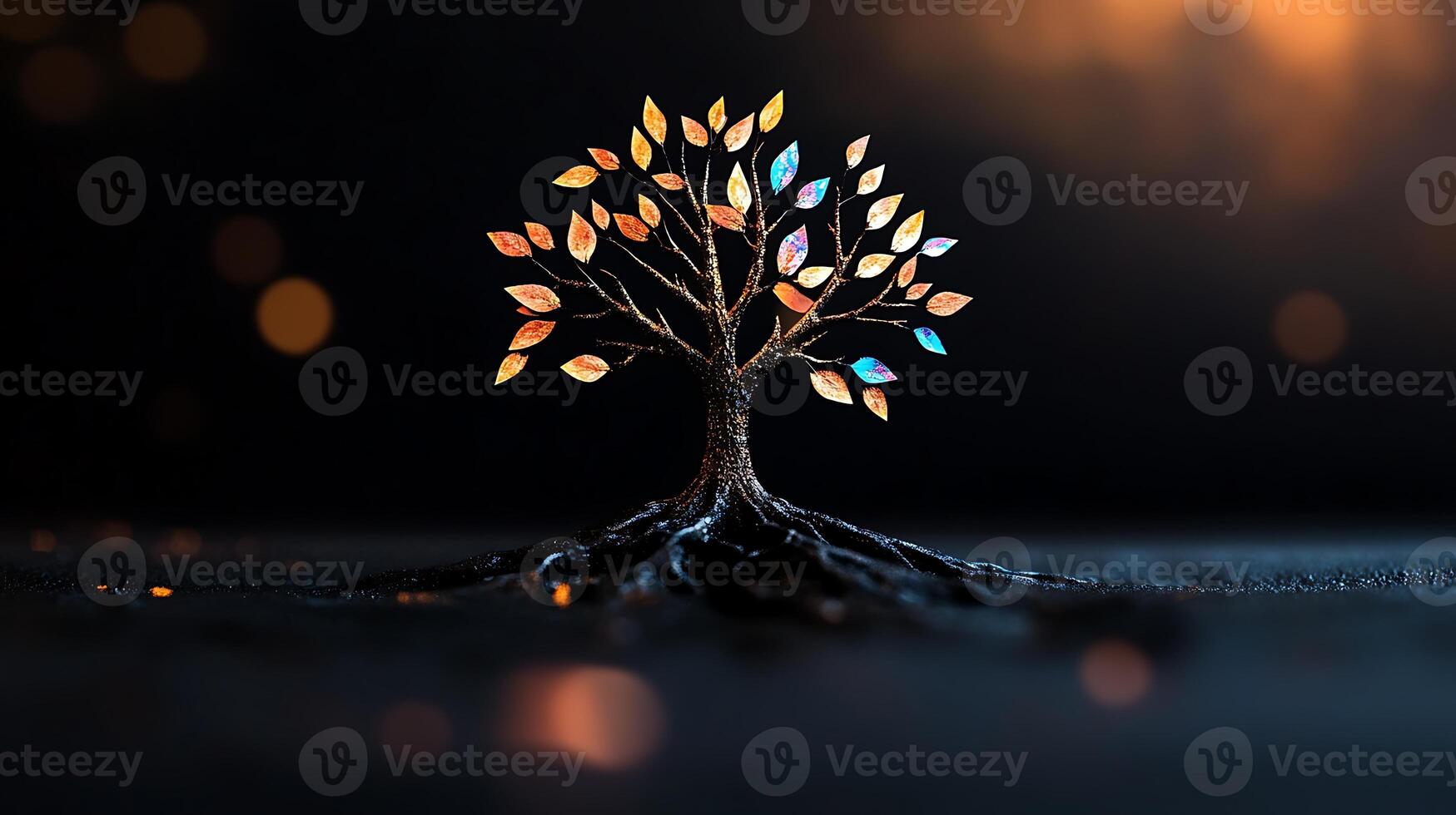 A vibrant, artistic tree with colorful leaves set against a blurred, glowing background photo