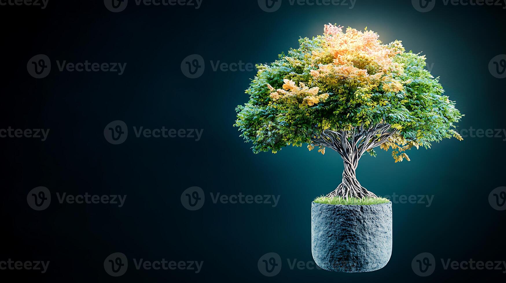 A vibrant bonsai tree with lush foliage, set against a dark background, symbolizing growth photo