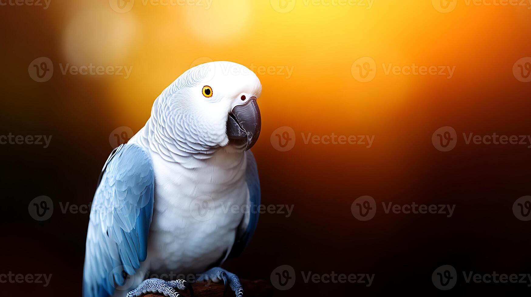 A stunning parrot perched on a branch, illuminated by a warm, golden sunset background photo