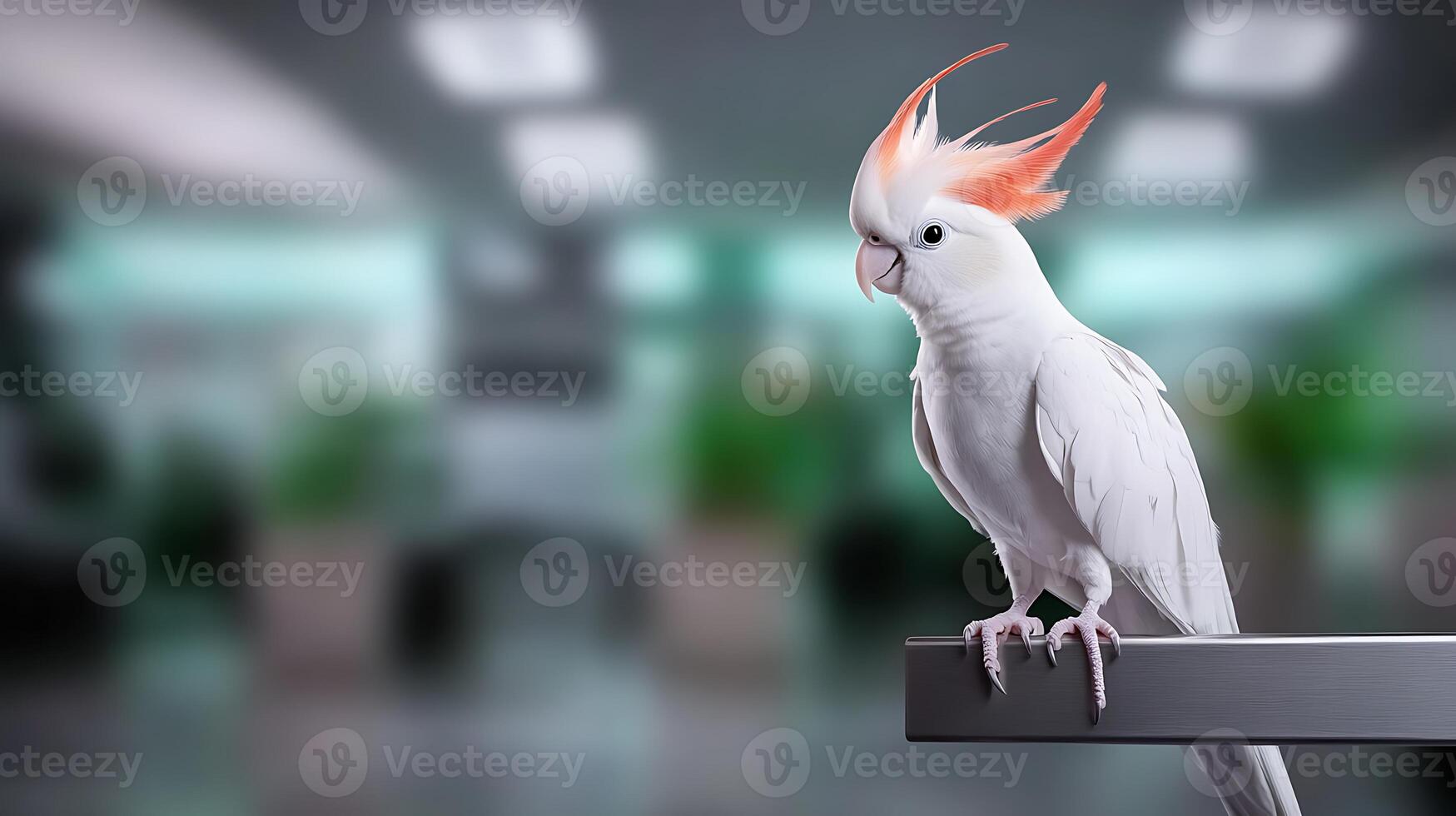 A striking white cockatoo with vibrant orange crest perched on a sleek railing in a modern office space photo