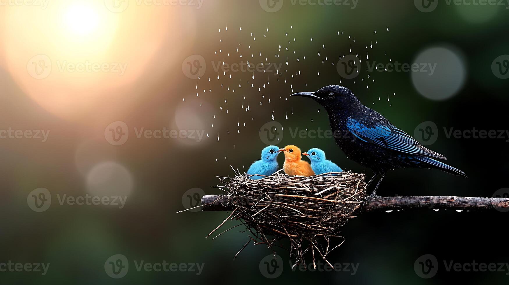 A vibrant bird feeding its colorful chicks in a cozy nest, surrounded by a serene, blurred background photo