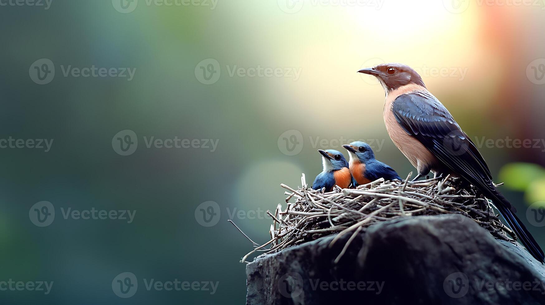 A mother bird stands guard over her three chicks in a cozy nest on a rocky outcrop, surrounded by a soft, blurred natural background photo