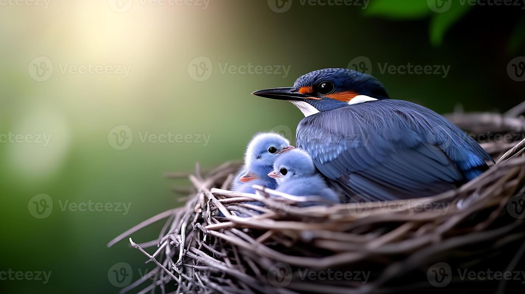 A serene scene of a kingfisher bird nurturing its three fluffy chicks in a cozy nest surrounded by lush greenery photo