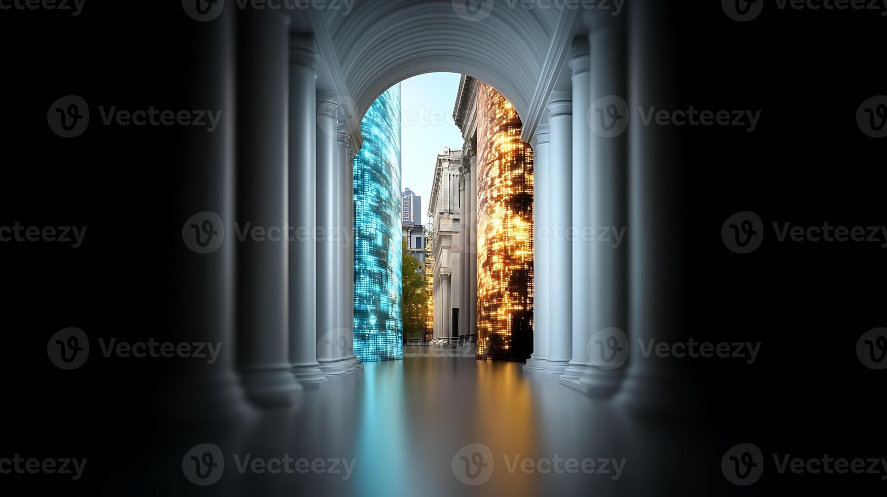 A stunning architectural archway leading to vibrant cityscapes with contrasting colors photo