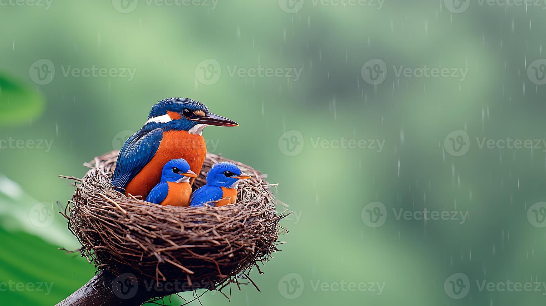 A vibrant kingfisher perched protectively over its two chicks in a cozy nest during a rainy day photo