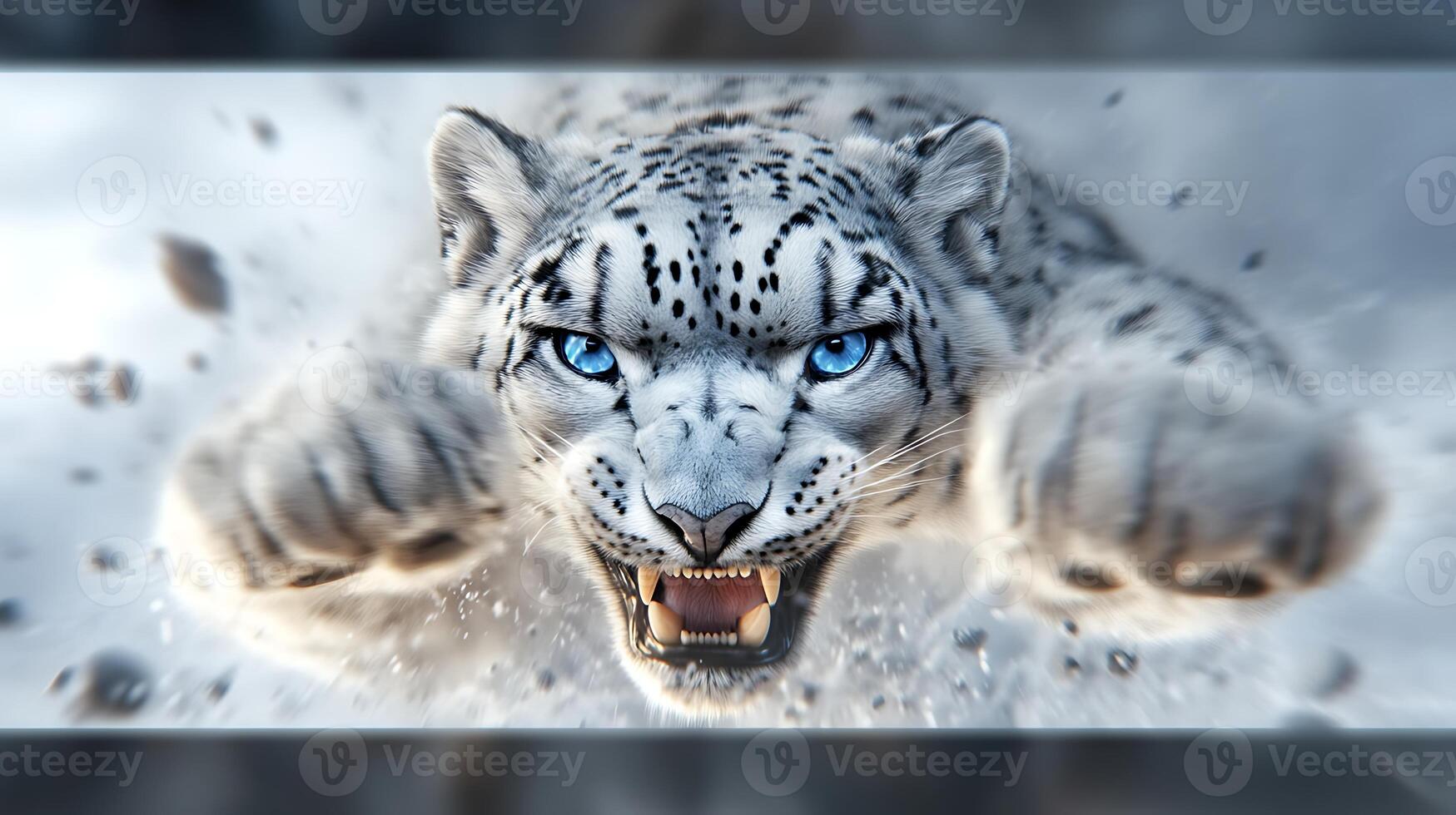 A powerful snow leopard lunges forward with intense focus, set against a dynamic, snowy backdrop photo