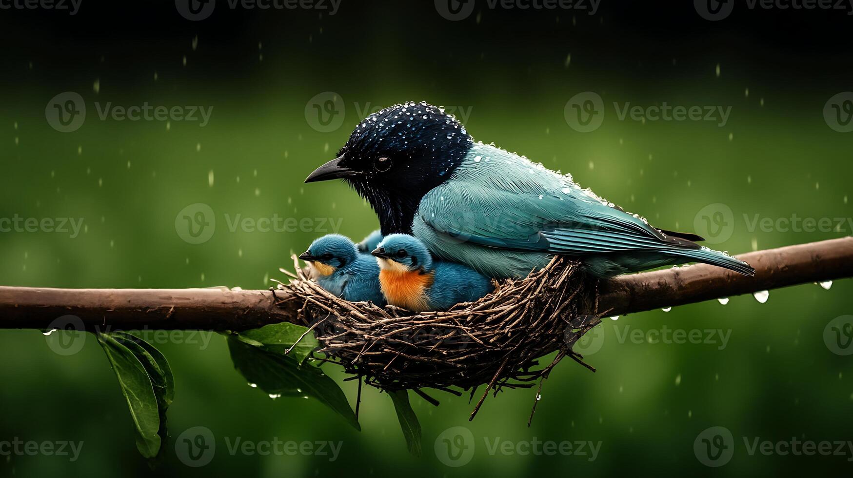 A vibrant bird with droplets perched over its nest of two chicks on a rainy day in nature photo