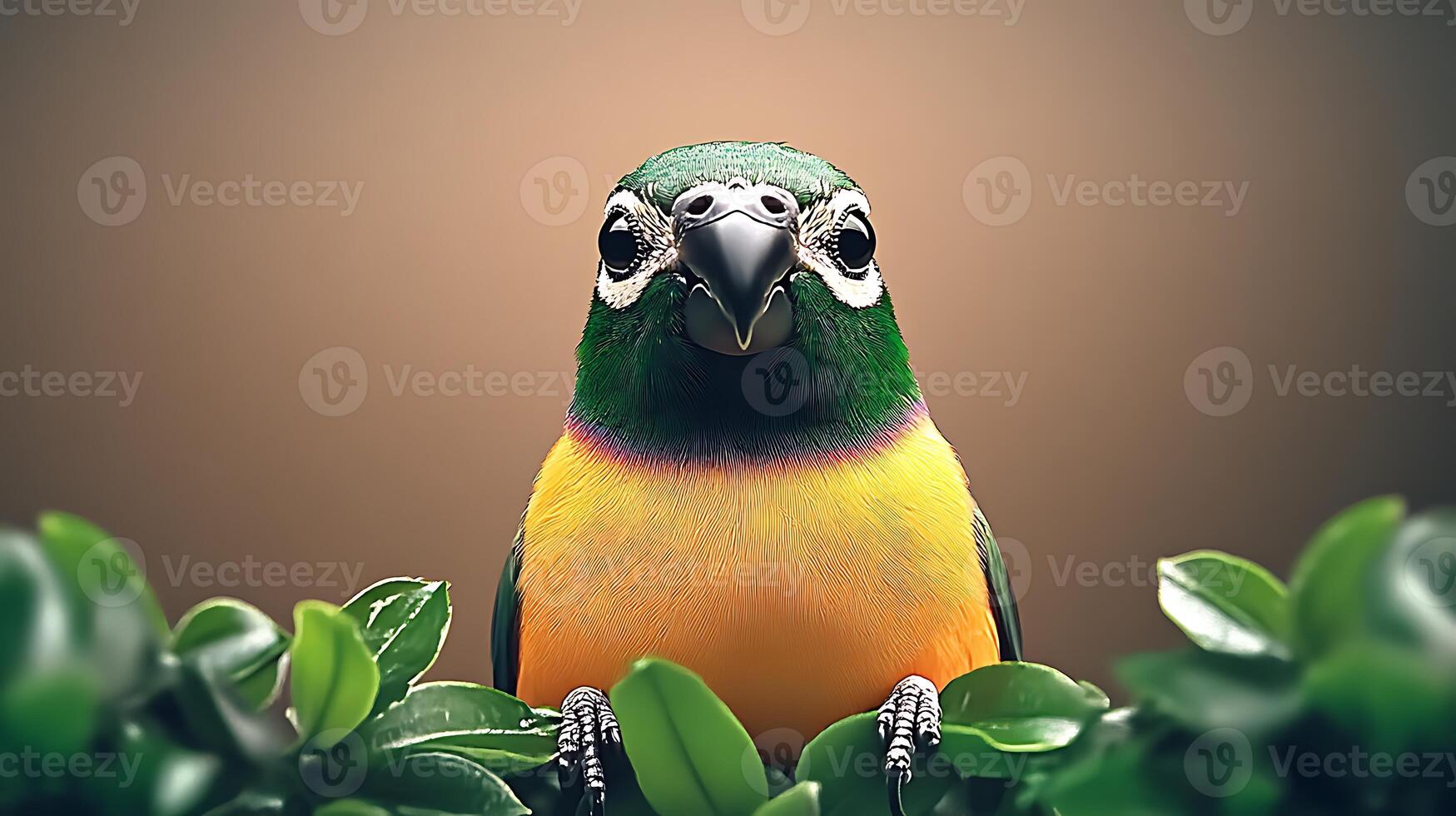 A vibrant bird perched among lush green leaves, showcasing its colorful plumage against a soft background photo