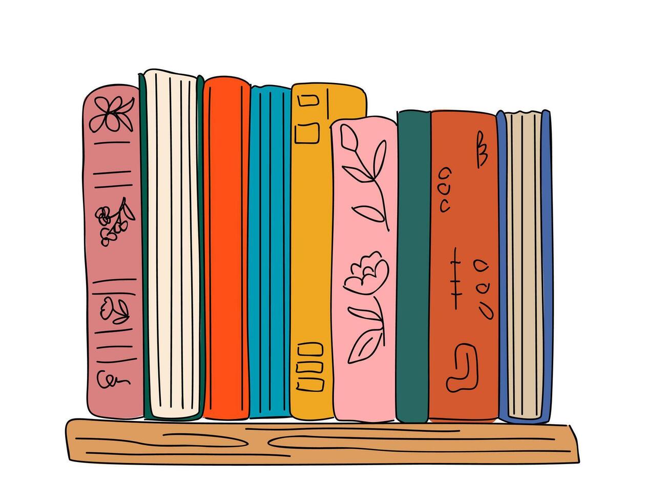 Books row on shelf. Bookshelf, home library vector